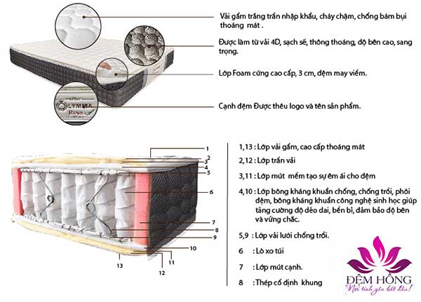 Kết cấu đệm lò xo túi Olympia Rosa