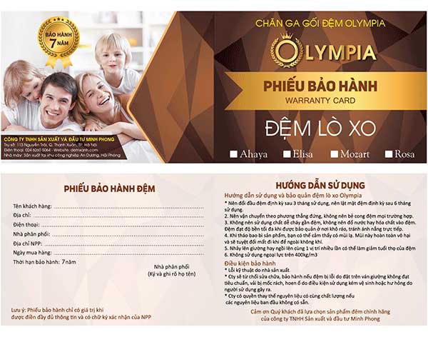 Phiếu Bảo hành Đệm Olympia chính hãng