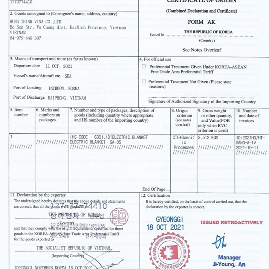 CO chứng nhận xuất xứ đệm điện Hàn Quốc Sanga