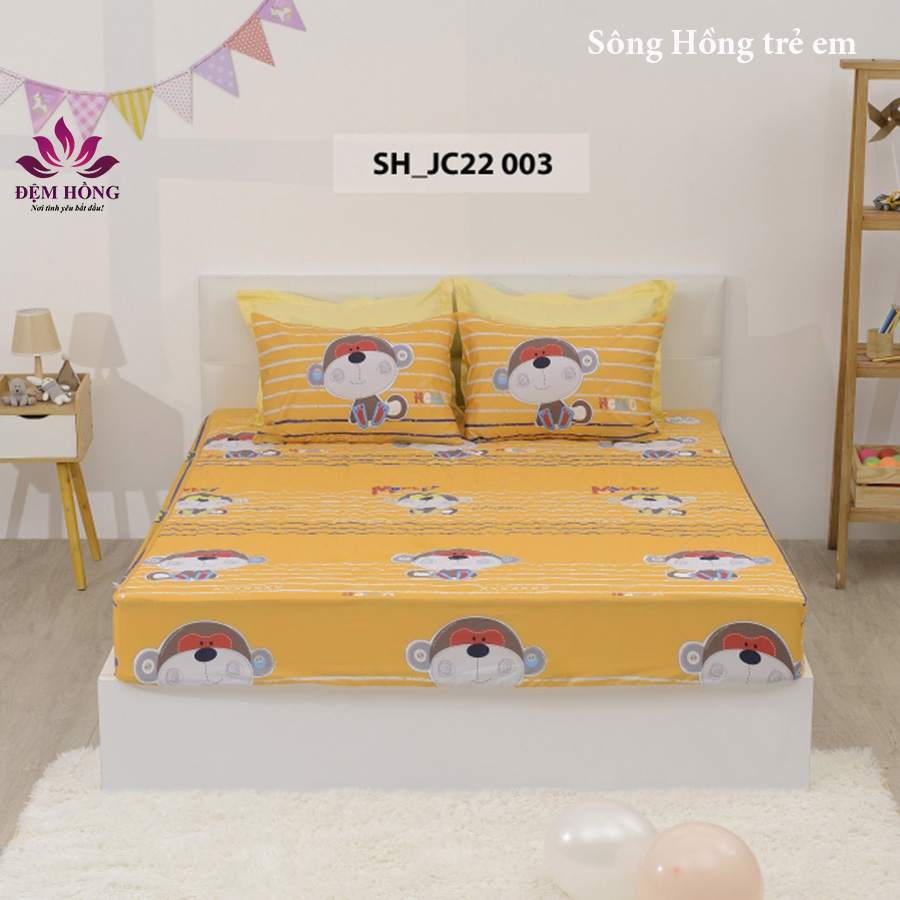 Bộ ga gối trẻ em Mokey vàng 100% cotton Sông Hồng Bộ ga gối trẻ em Mokey vàng 100% cotton Sông Hồng